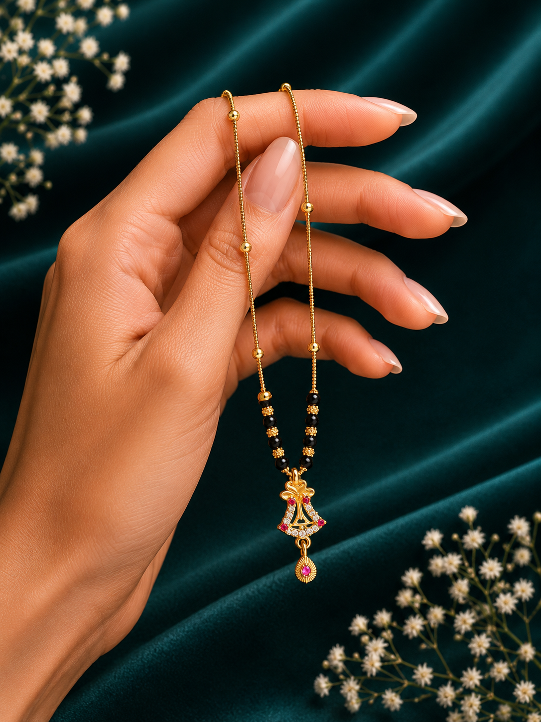 Damnstyle Women's Gold Plated Black Bead Mangalsutra with Floral Pendant