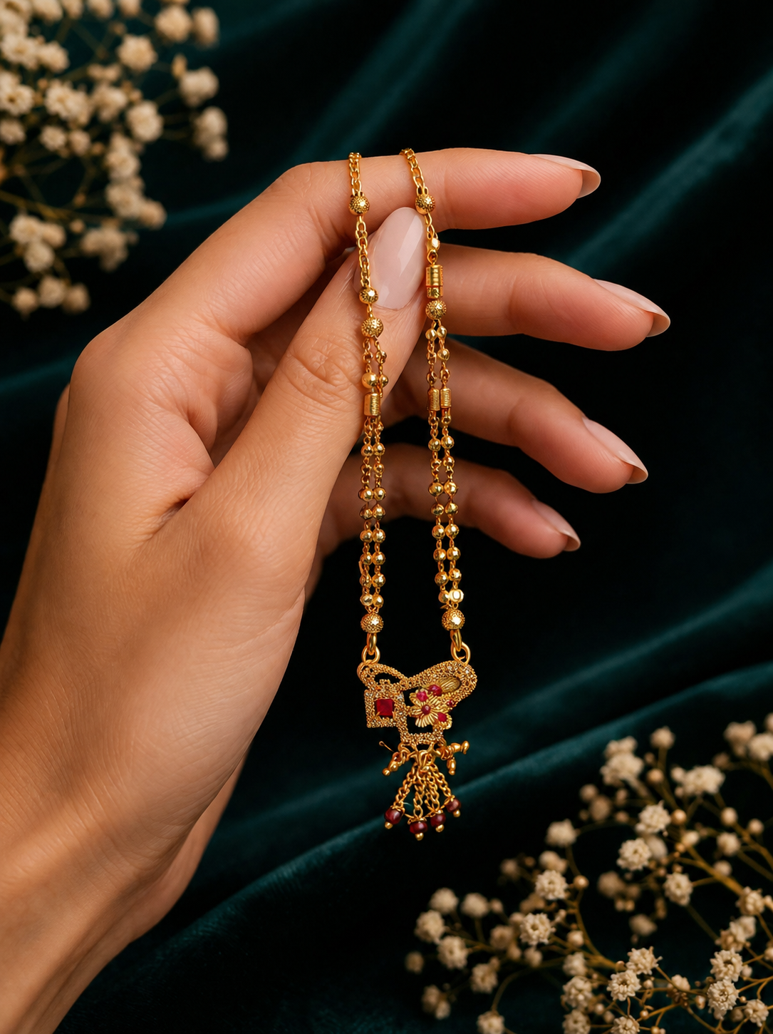 Damnstyle Gold Plated Ruby Floral Mangalsutra for Women & Girls