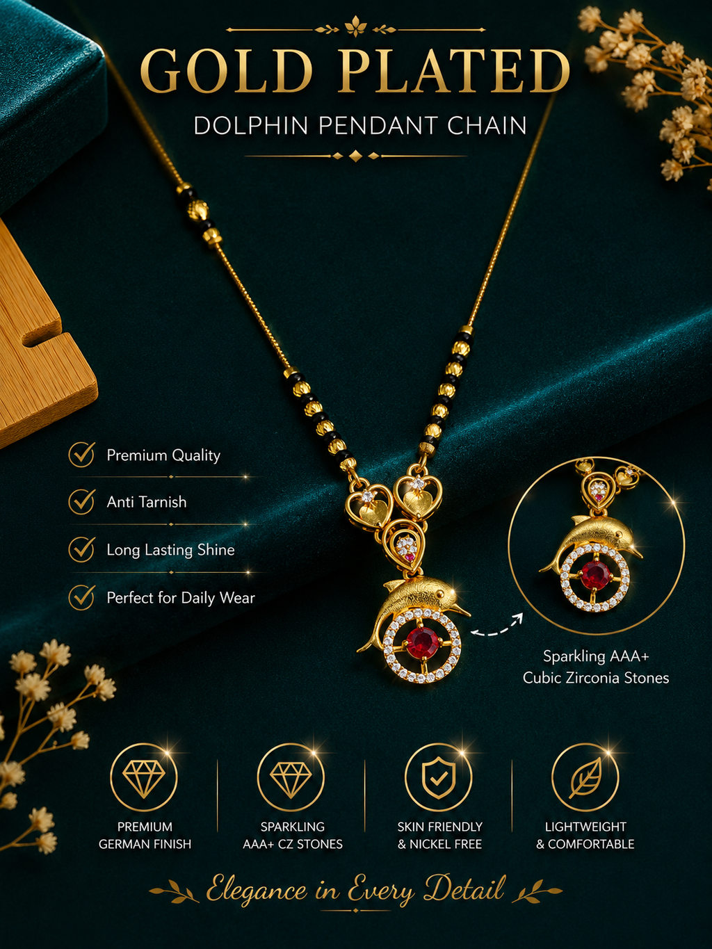 Damnstyle Gold Plated CZ Round Pendant Mangalsutra for Women & Girls