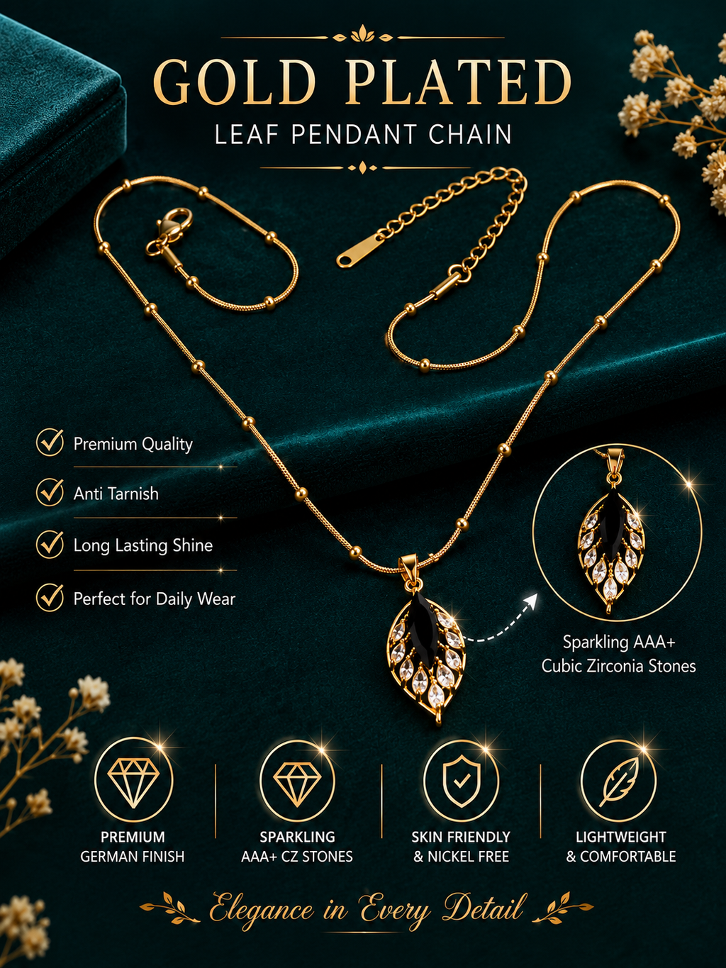 Gold Plated Leaf Pendant Chain with CZ Stones for Women