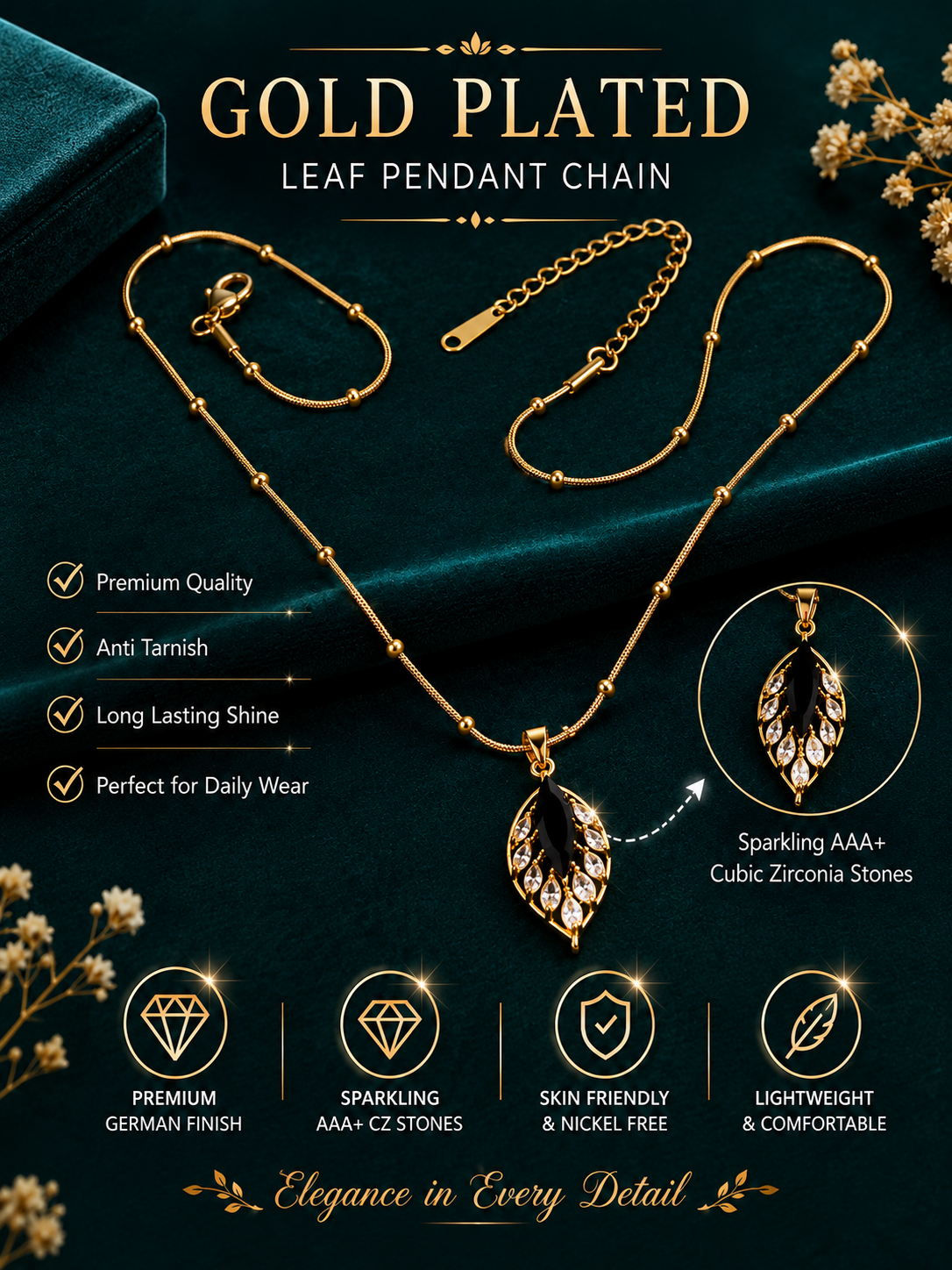 Gold Plated Leaf Pendant Chain with CZ Stones for Women