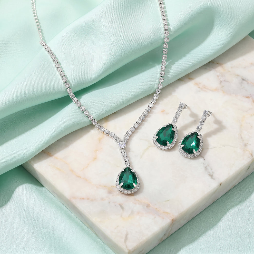 Damnstyle Necklace Anti-Tarnish Emerald Teardrop Crystal Set With Earrings