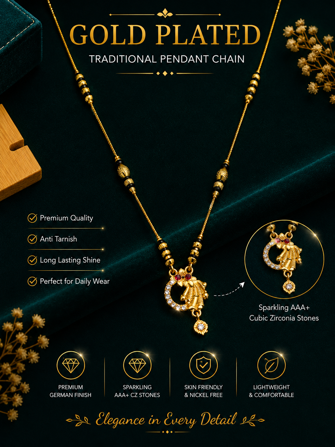 Damnstyle Gold Plated Peacock Design Mangalsutra Necklace for Women
