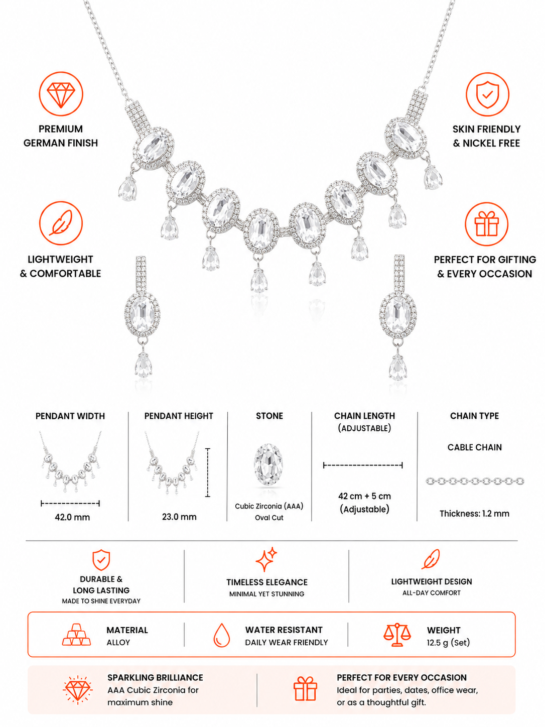 Damnstyle Anti-Tarnish White Crystal Gemstone Set With Earrings