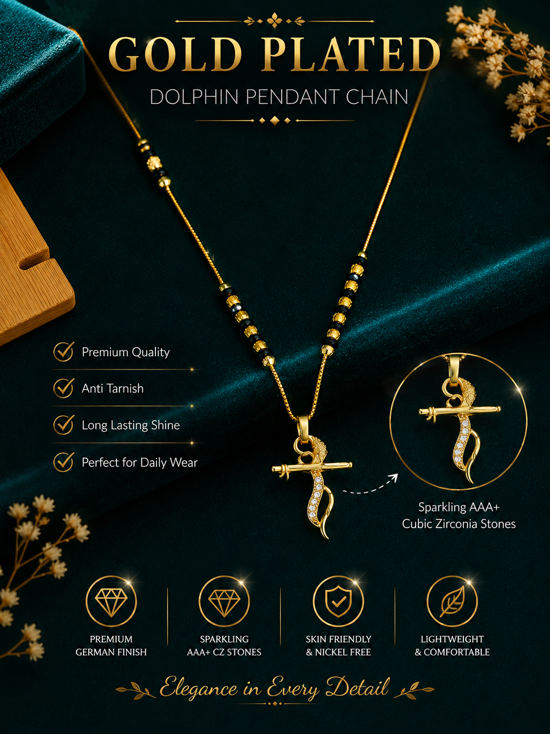 Damnstyle Women's Gold Plated Black Bead Mangalsutra with Flute