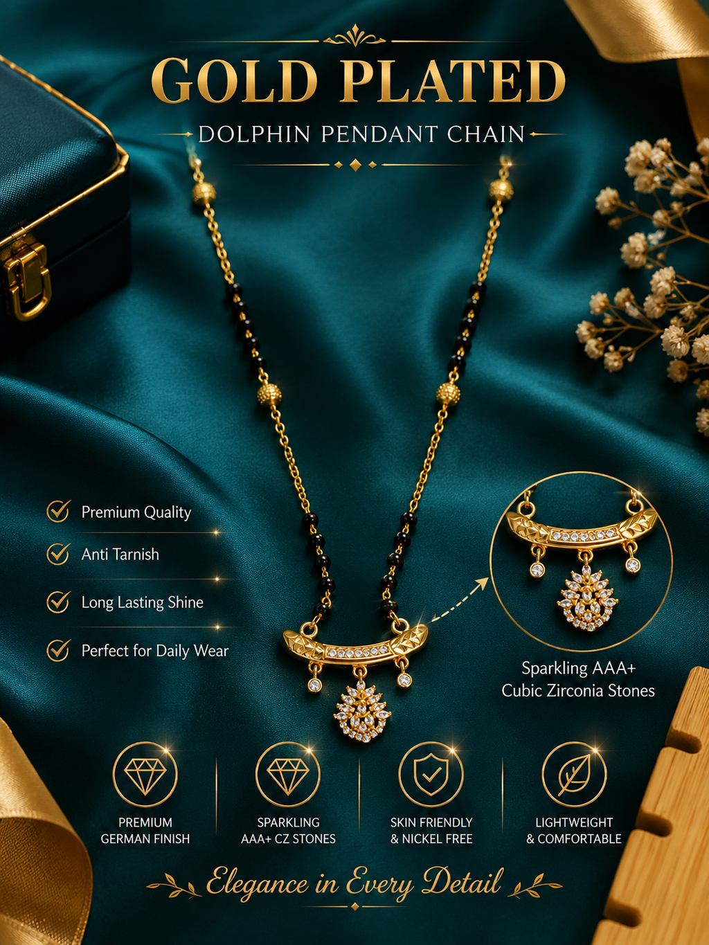 Damnstyle Gold Plated Black Bead Floral Mangalsutra for Women