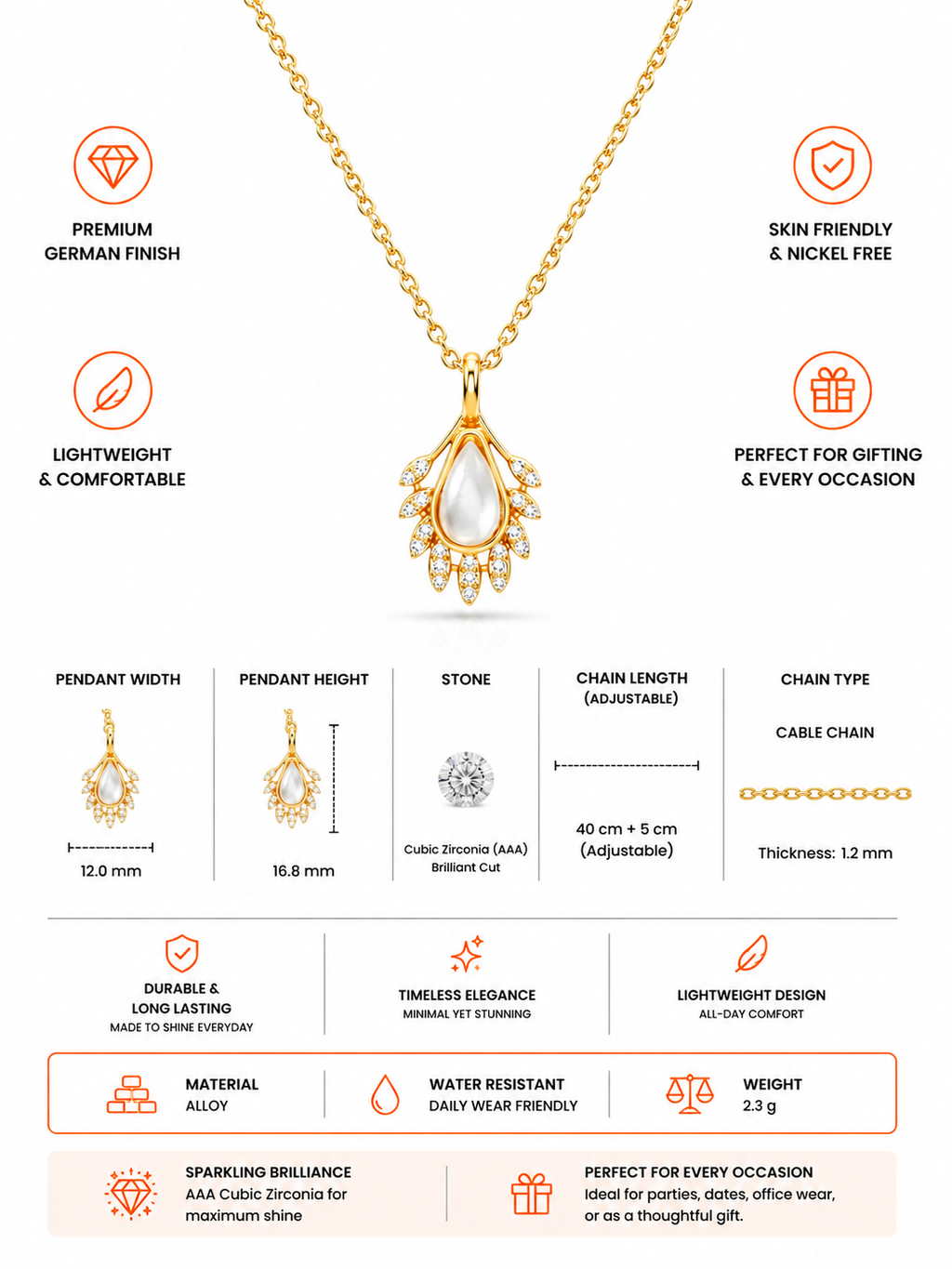 Damnstyle Anti-Tarnish Monalisa Stone Teardrop Pendant