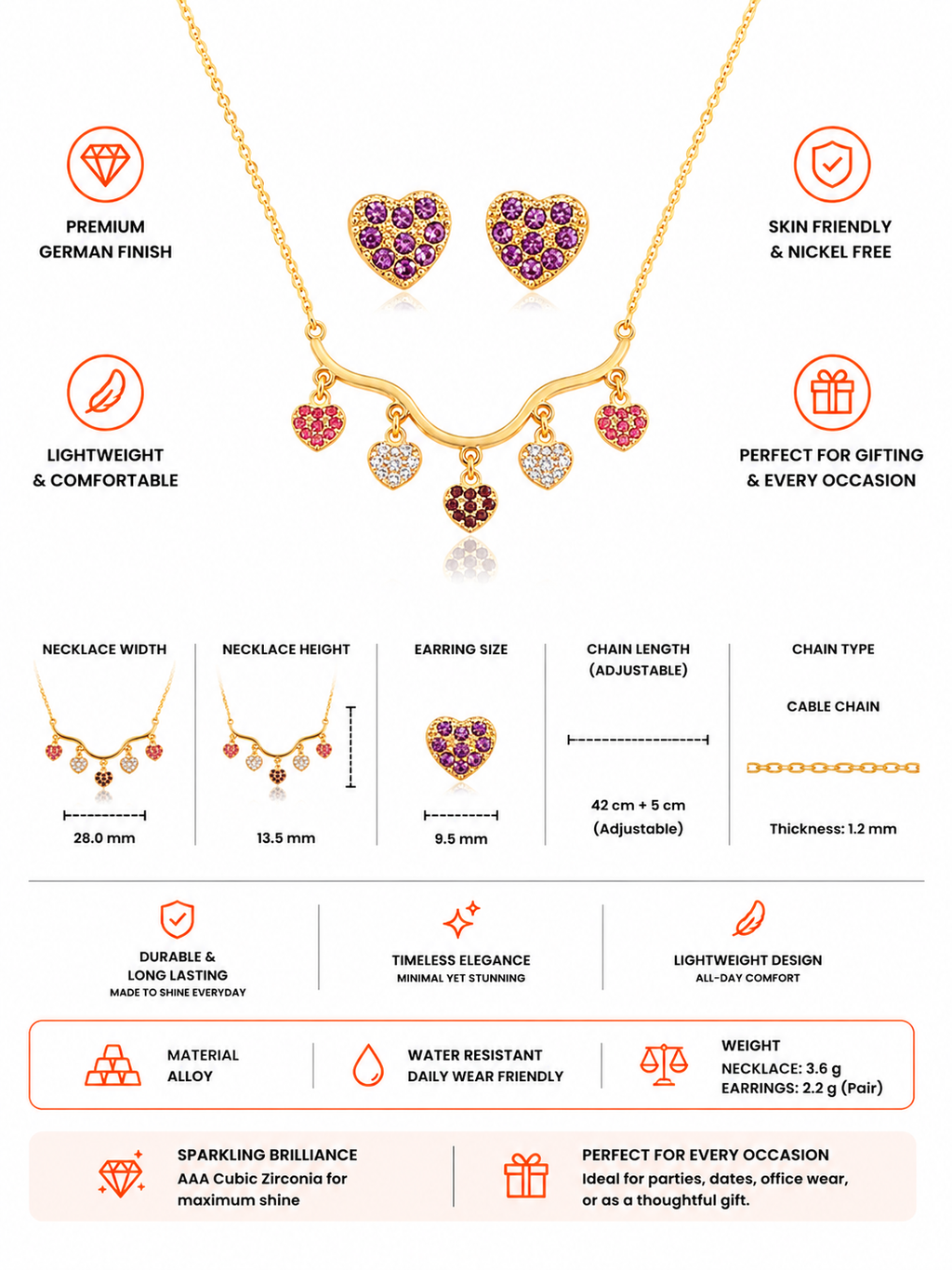 Damnstyle Anti-Tarnish Mini Heart Charms Jewellery Set With Earring