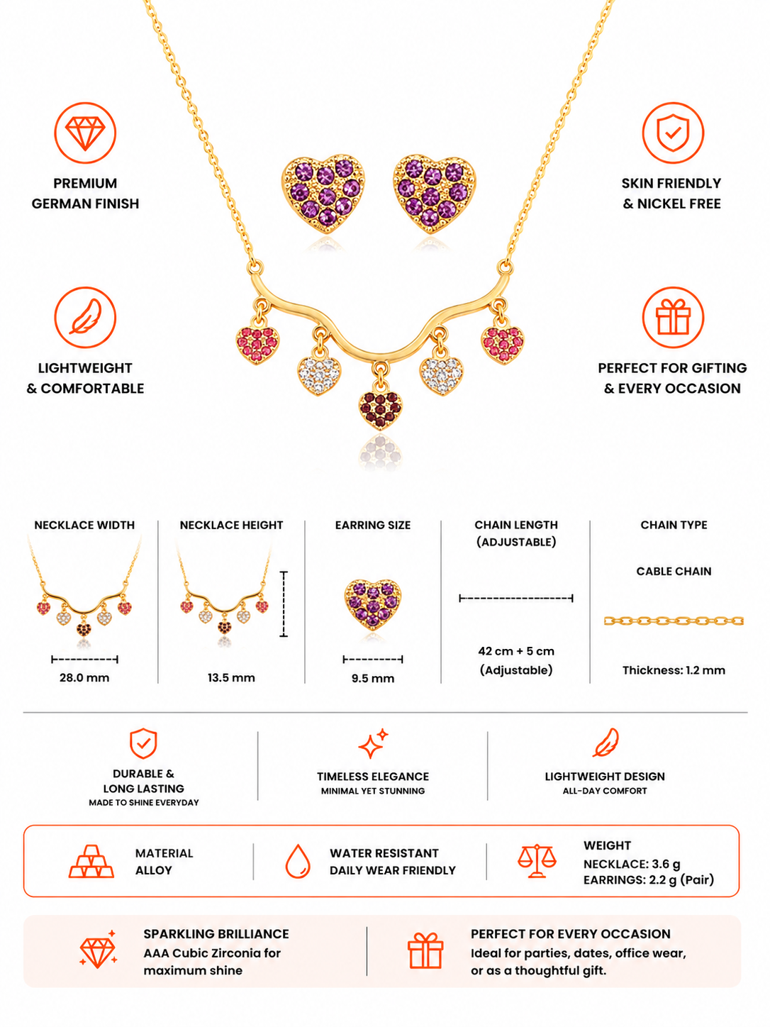 Damnstyle Anti-Tarnish Mini Heart Charms Jewellery Set With Earring
