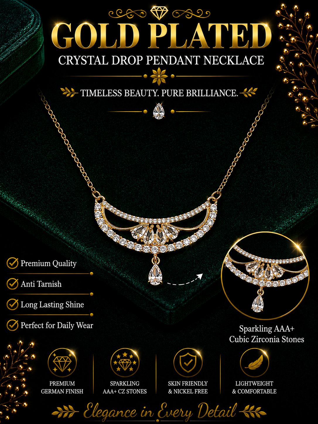 Luxury Gold Tone CZ Crescent Pendant Necklace for Women & Girls