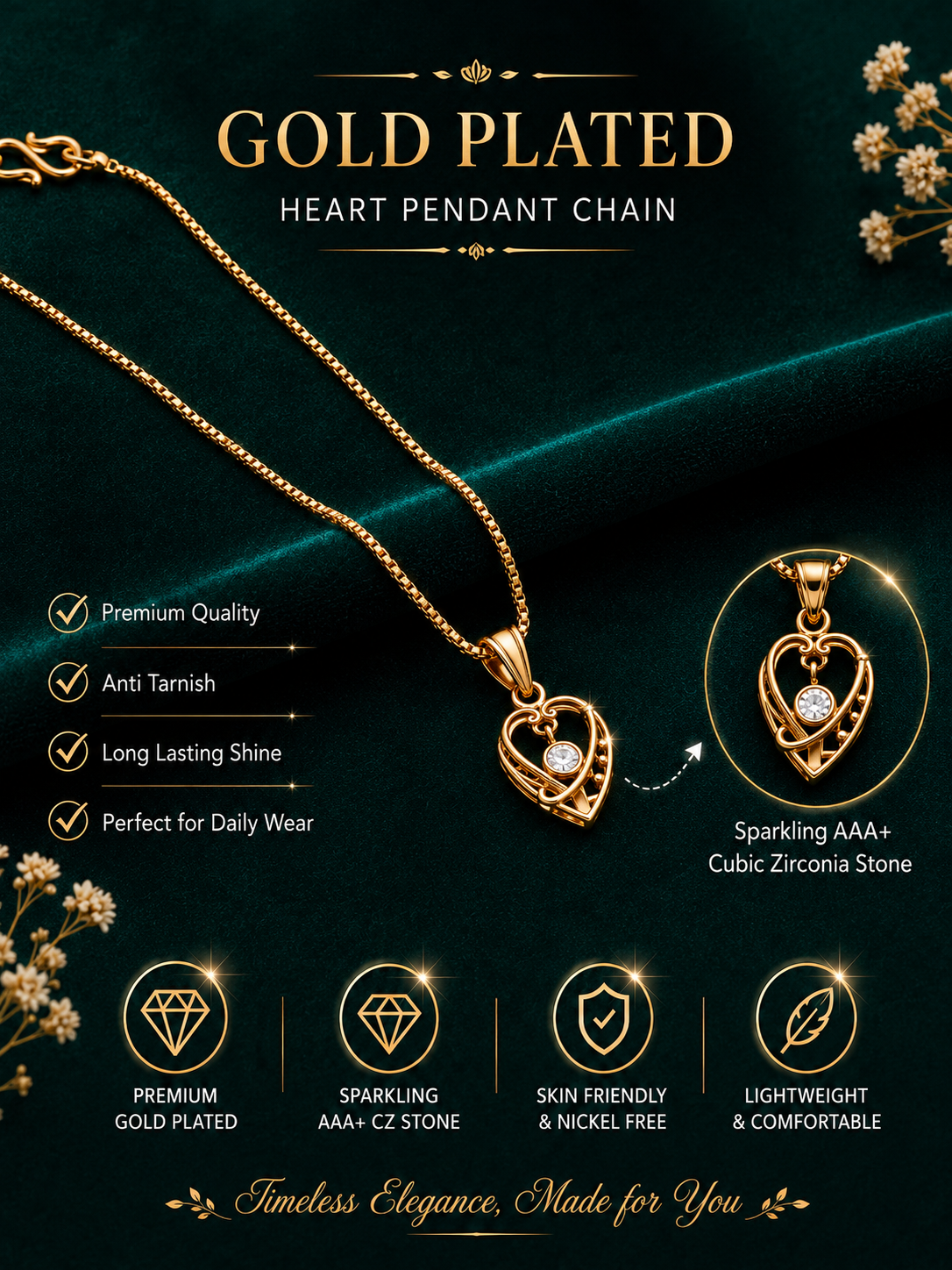 Damnstyle Necklace Anti-Tarnish Open Heart Crystal Pendant Chain
