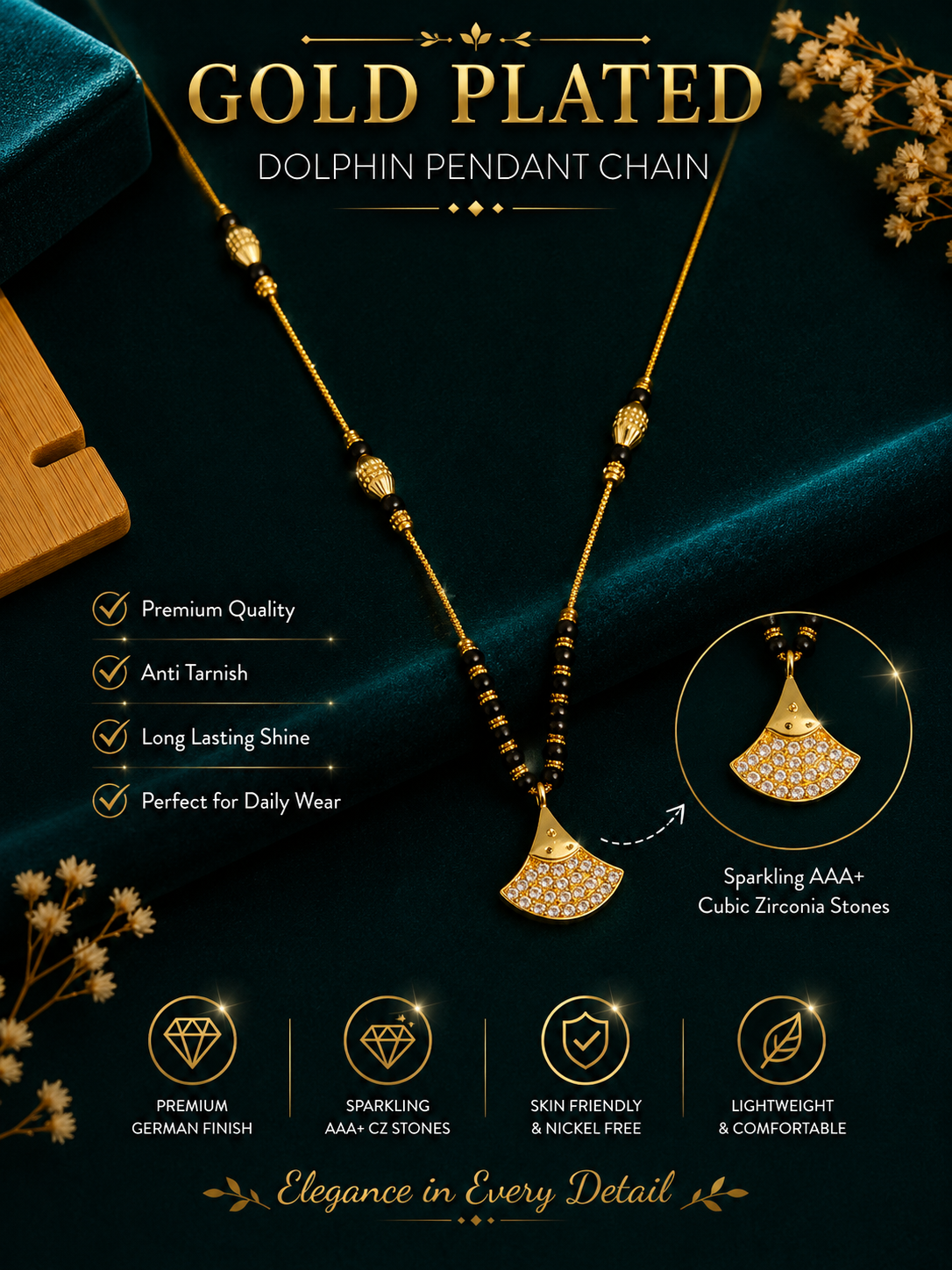 Damnstyle Gold Plated Black Bead Mangalsutra Necklace for Women & Girls