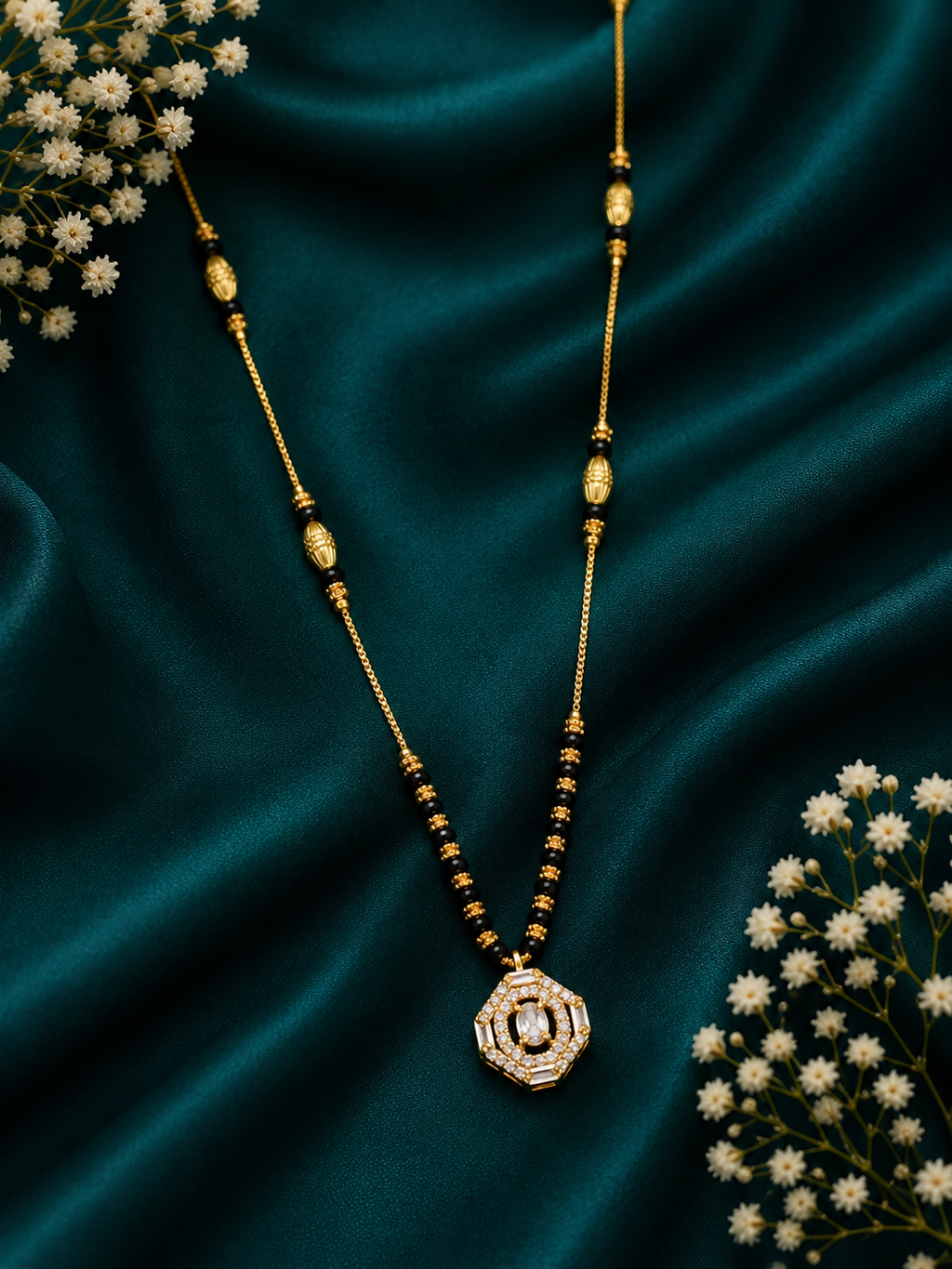 Damnstyle Daily Wear Gold Plated Black Bead AD Mangalsutra