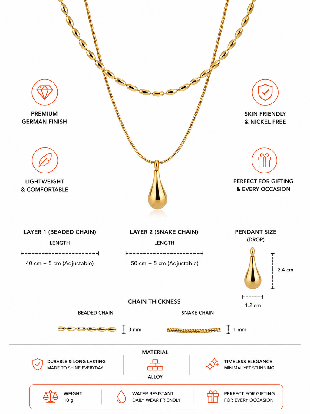 Damnstyle Gold-Plated Anti Tarnish Minimalistic Teardrop Layered Pendant