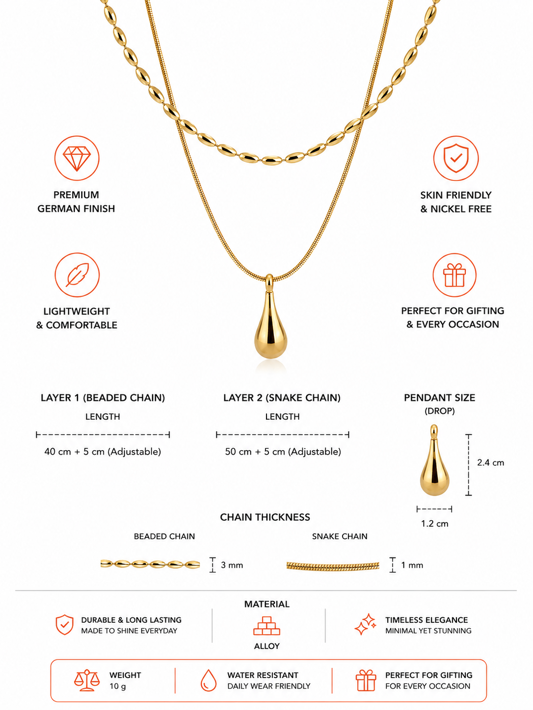 Damnstyle Gold-Plated Anti Tarnish Minimalistic Teardrop Layered Pendant
