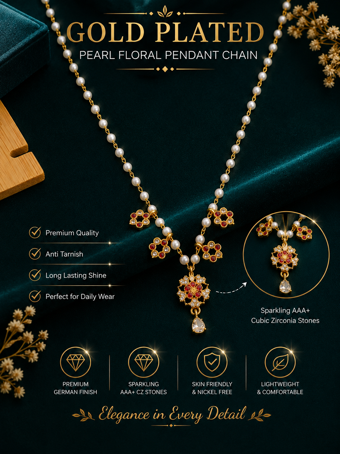 Damnstyle Gold Plated Pearl Floral Mangalsutra for Women & Girls