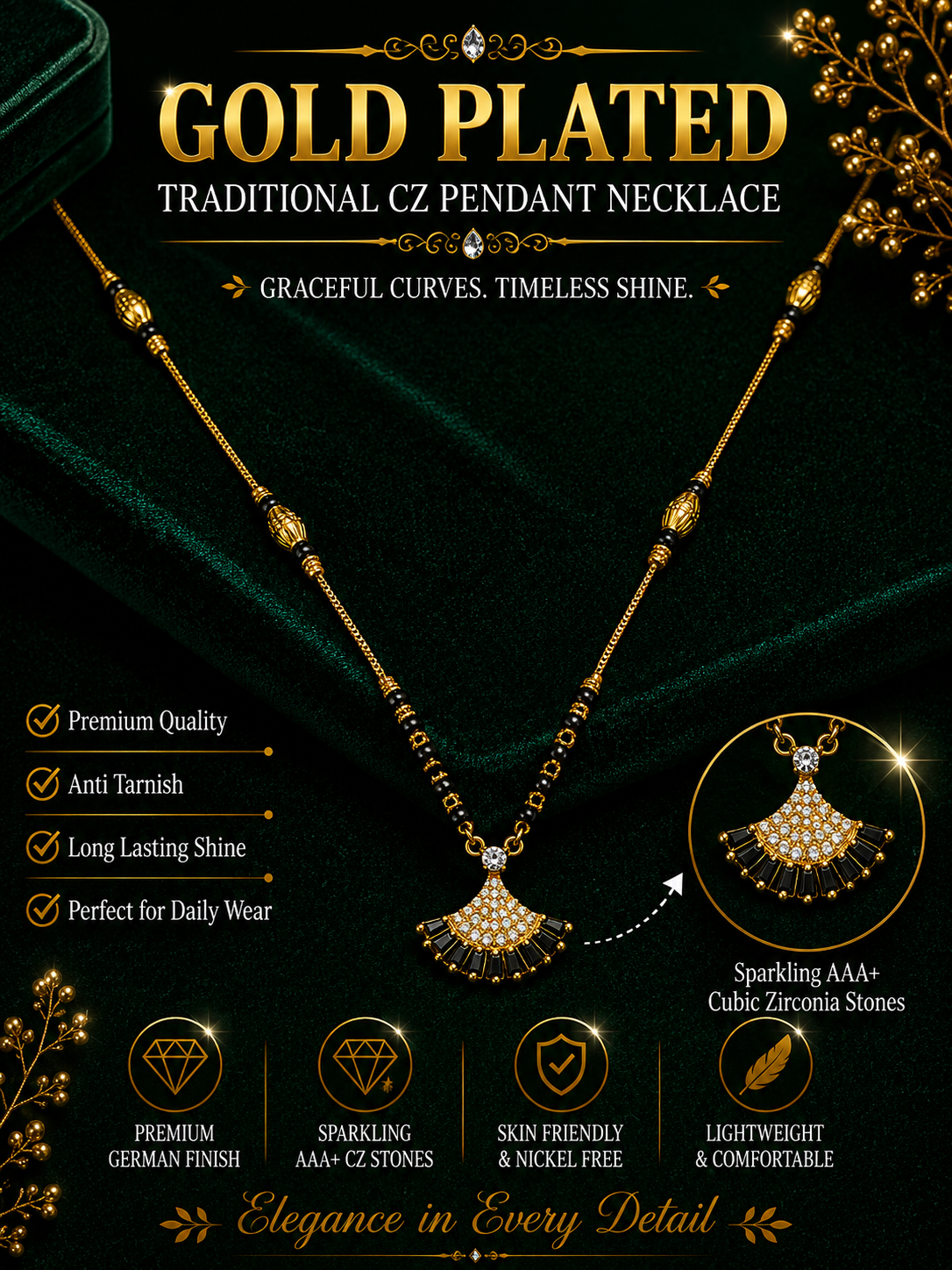 Damnstyle Gold Plated Black Bead CZ Fan Mangalsutra for Women