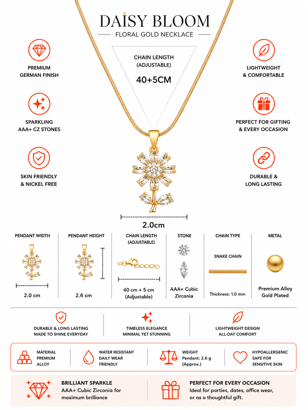 Gold Plated Bloom Flower Pendant Chain for Women