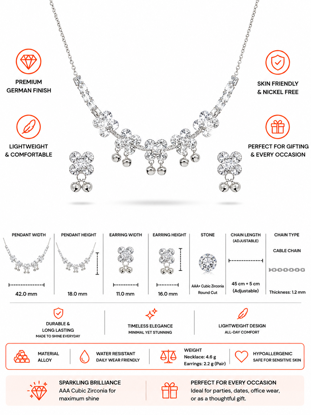 Damnstyle Anti-Tarnish Floral Cluster Jewellery Set With Earrings