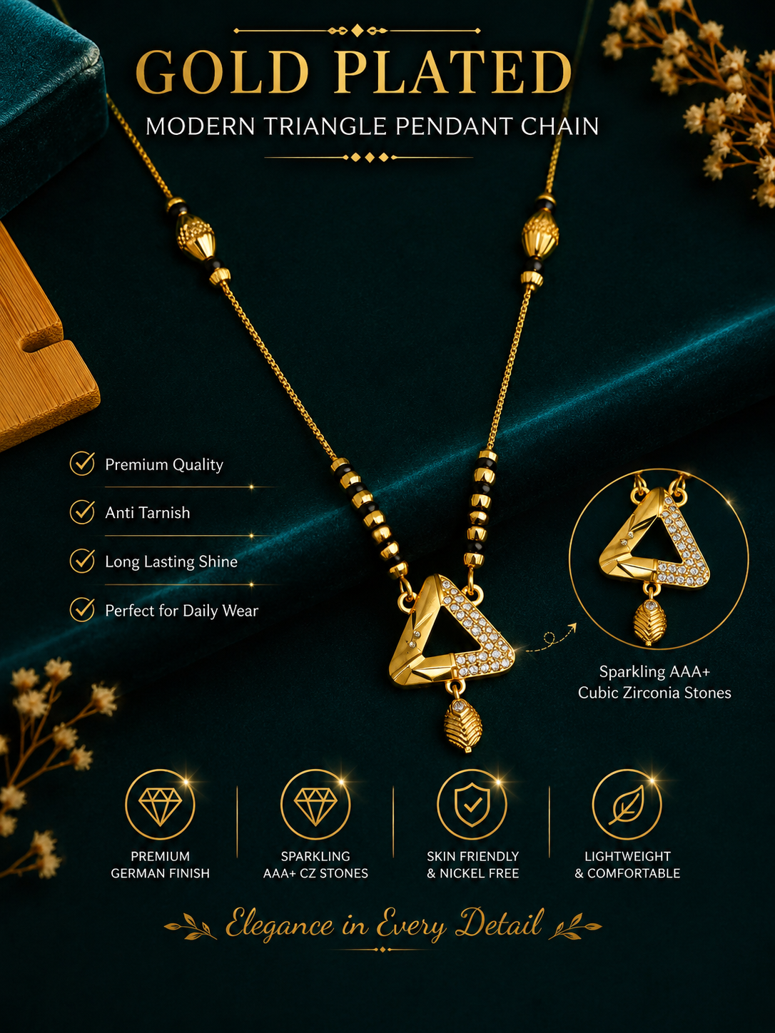 Damnstyle Gold Plated Triangle Pendant Mangalsutra for Women & Girls