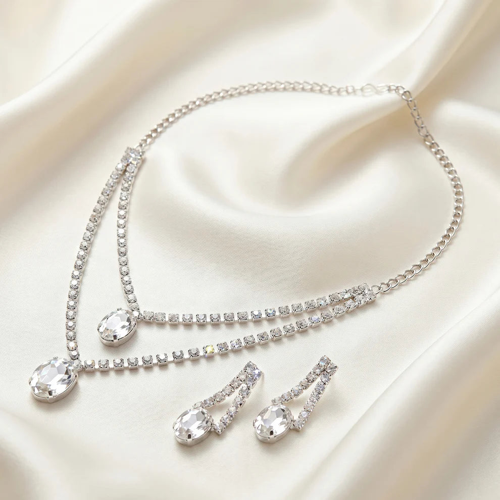 Damnstyle Anti-Tarnish Double Layer Crystal Jewellery Set With Earrings