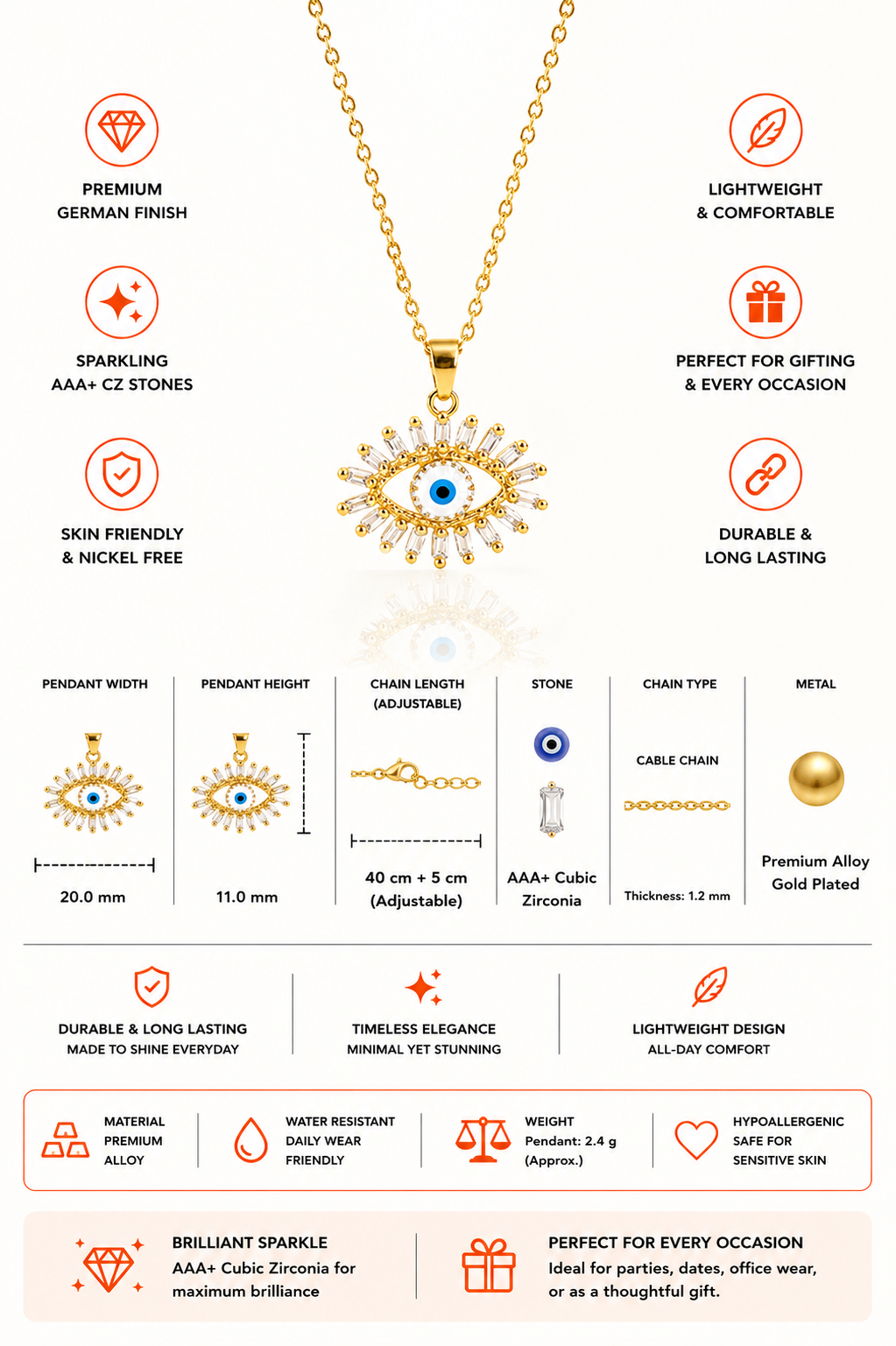 Damnstyle Gold-Plated Stainless Steel AD Evil Eye Charm Pendant