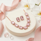 Damnstyle Necklace Anti-Tarnish Soft Pink Rectangle Crystal Set With Earrings