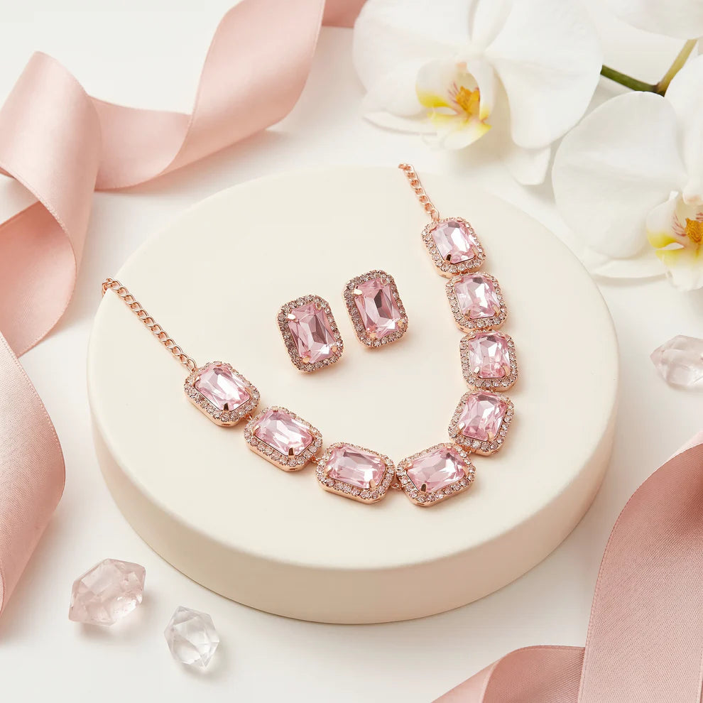 Damnstyle Necklace Anti-Tarnish Soft Pink Rectangle Crystal Set With Earrings