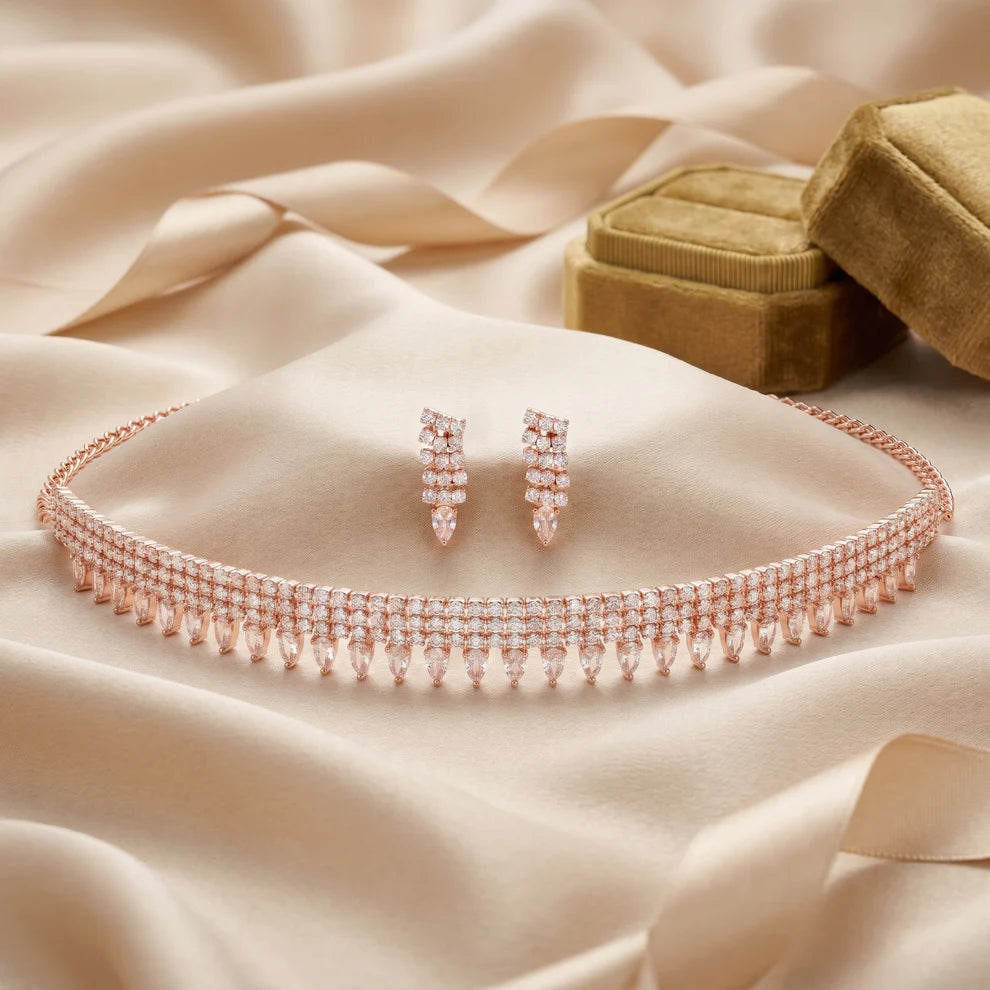 Damnstyle Necklace Anti-Tarnish Rhinestone & Baguette Choker Set With Earrings