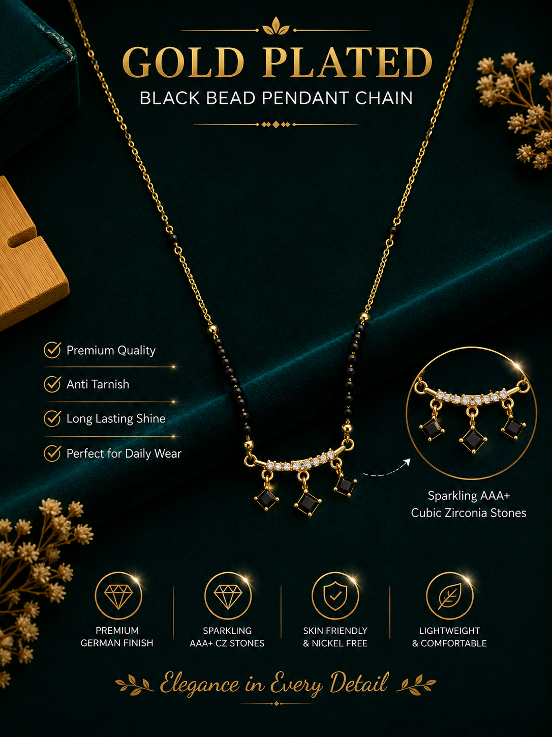 Damnstyle Gold Plated Black Bead CZ Drop Mangalsutra for Women & Girls