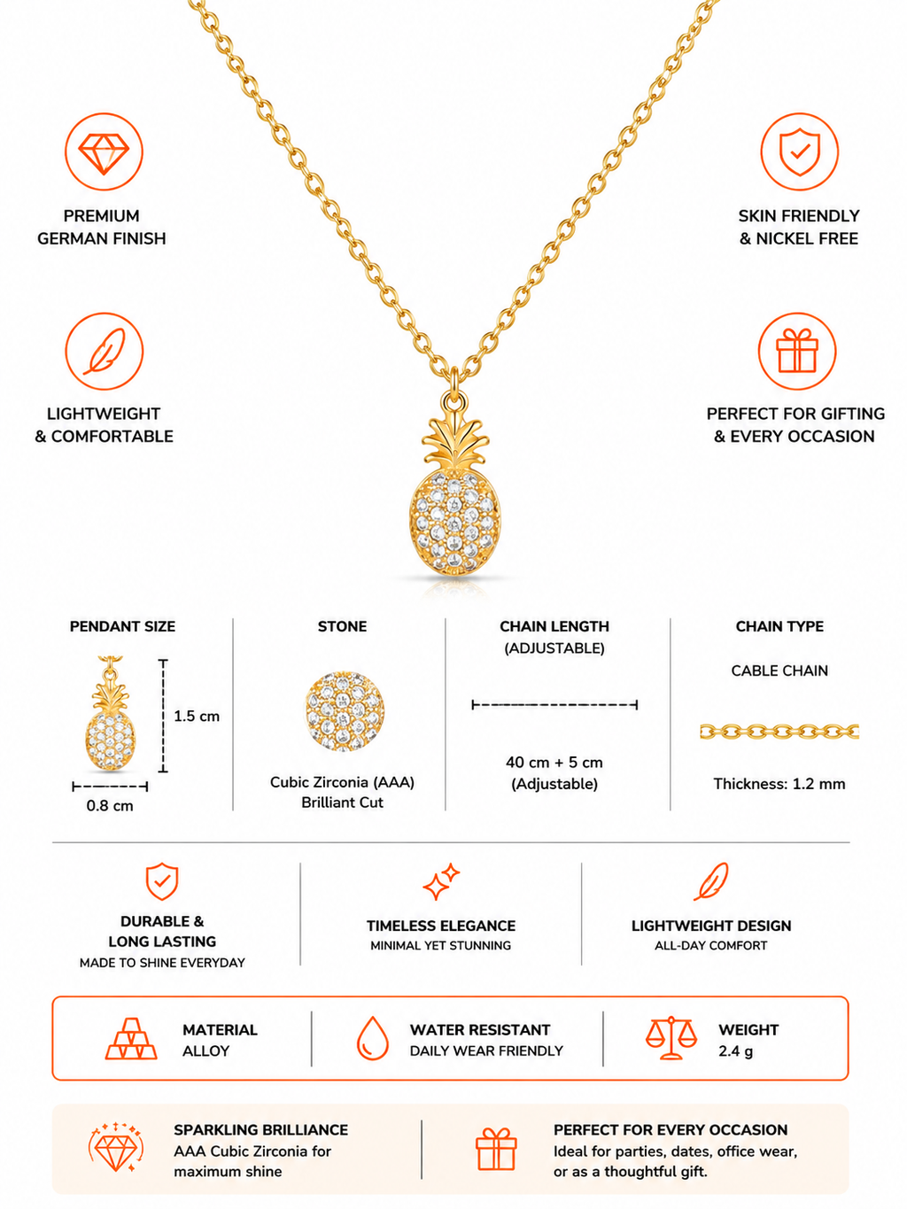 Damnstyle Anti-Tarnish Crystal Pineapple Pendant Chain