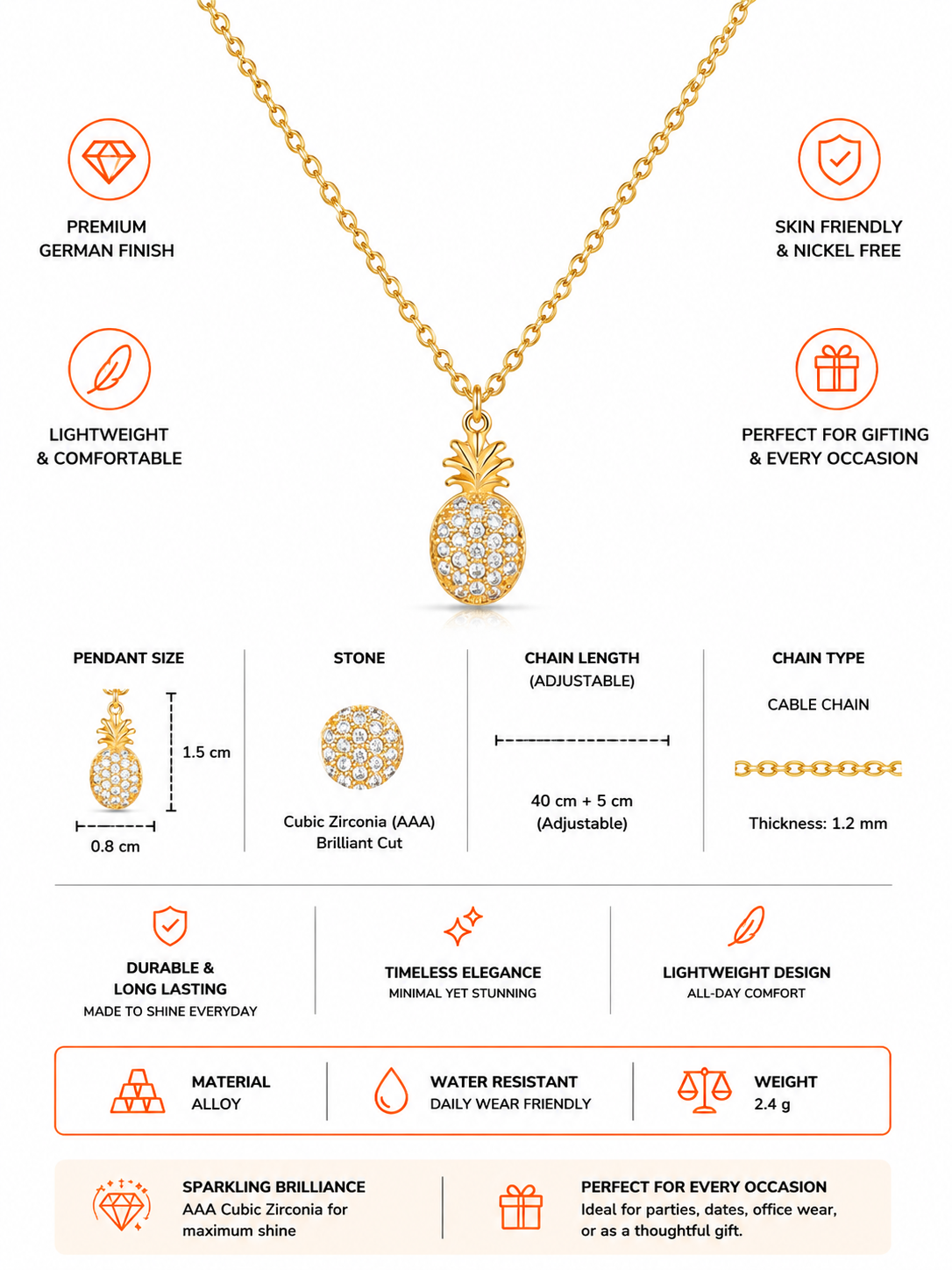 Damnstyle Anti-Tarnish Crystal Pineapple Pendant Chain