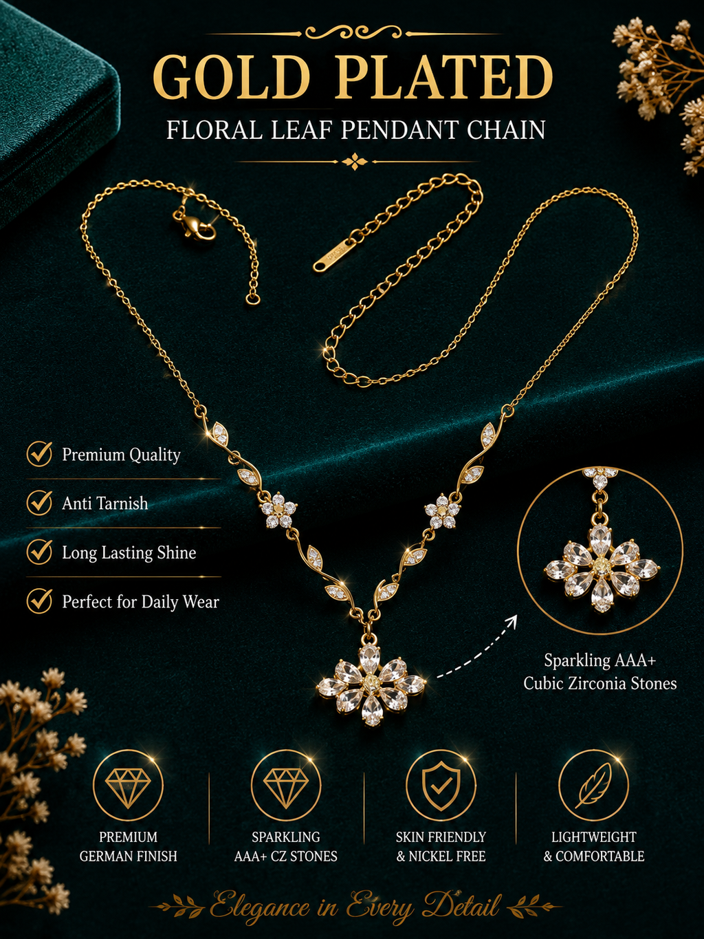 Gold Plated Floral Crystal Pendant Necklace for Women & Girls