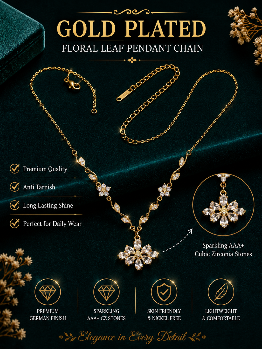 Gold Plated Floral Crystal Pendant Necklace for Women & Girls