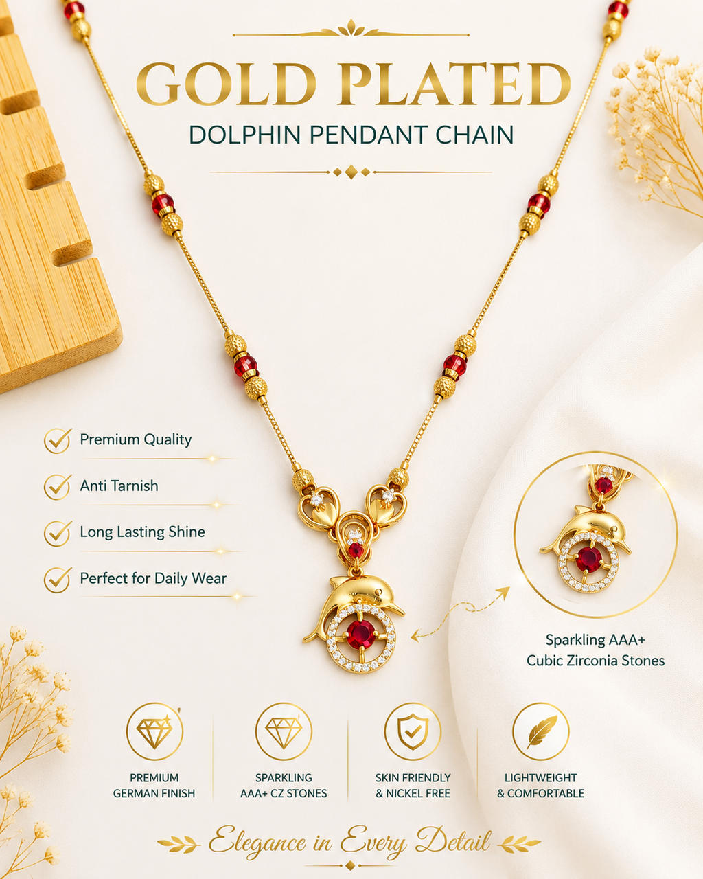 Damnstyle Gold Plated Ruby Heart Mangalsutra Necklace for Women