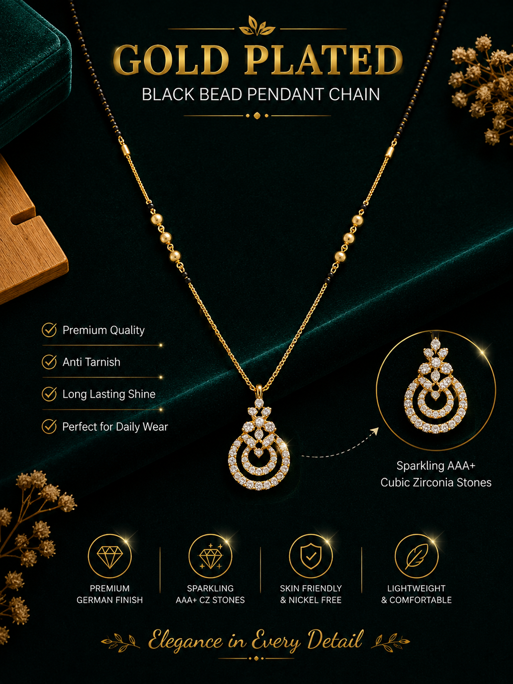 Damnstyle Gold Plated Black Bead AD Mangalsutra for Women