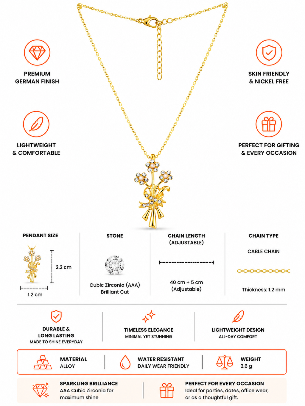 Damnstyle Anti-Tarnish Floral Crystal Bouquet Pendant
