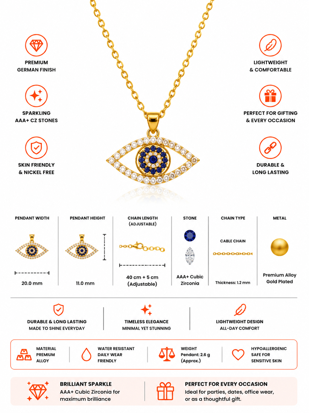 Damnstyle Gold-Plated Stainless Steel American Diamond Studded Evil Eye Pendant