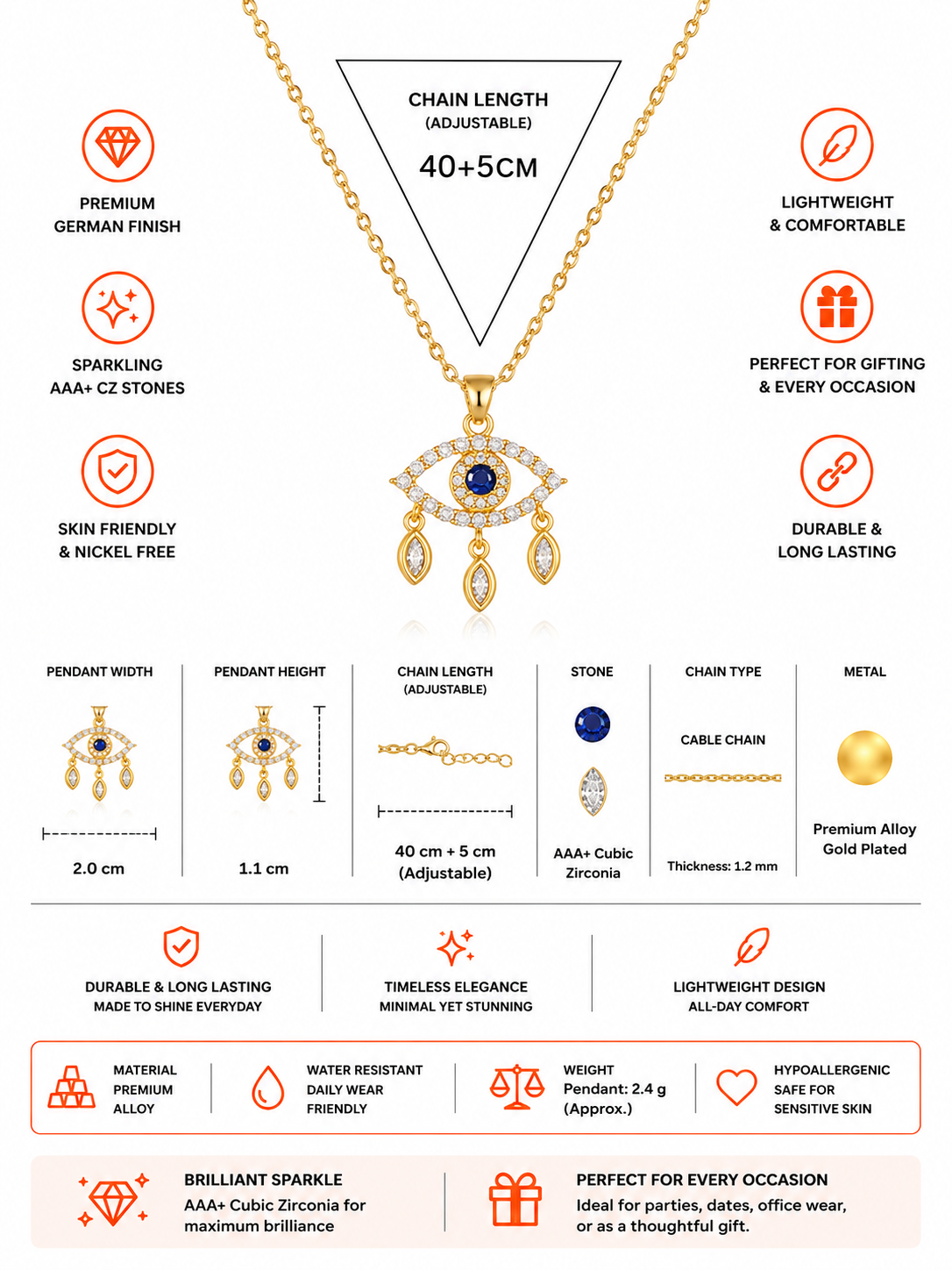 Damnstyle Gold-Plated Stainless Steel American Diamond Evil Eye Pendant