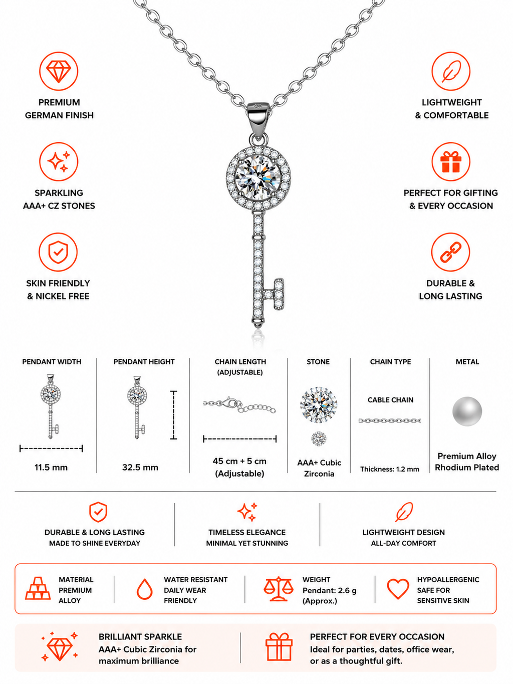 Damnstyle Silver-Plated Anti-Tarnish Crystal Studded Key Pendant
