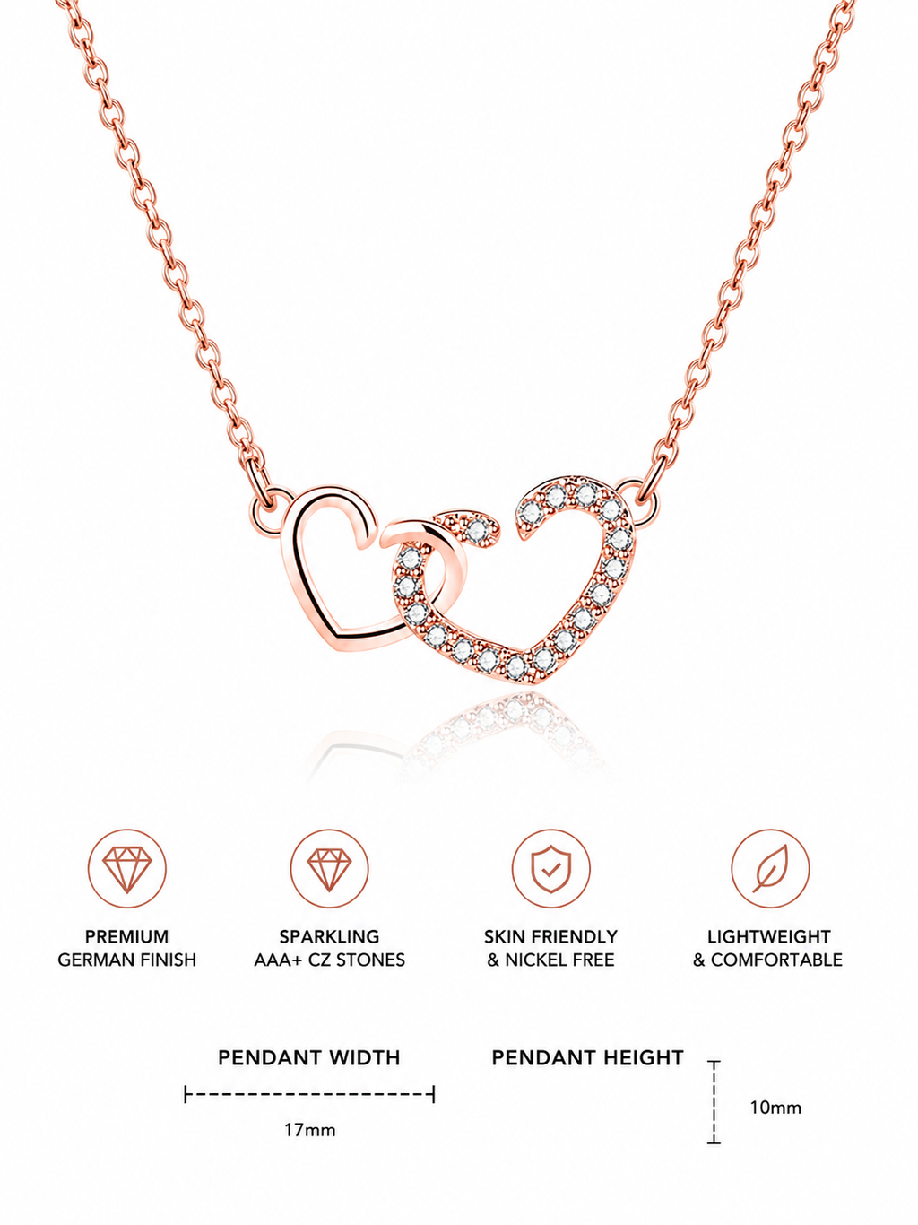 Damnstyle Rose Gold-Plated AD Studded Dual Heart Korean Pendant