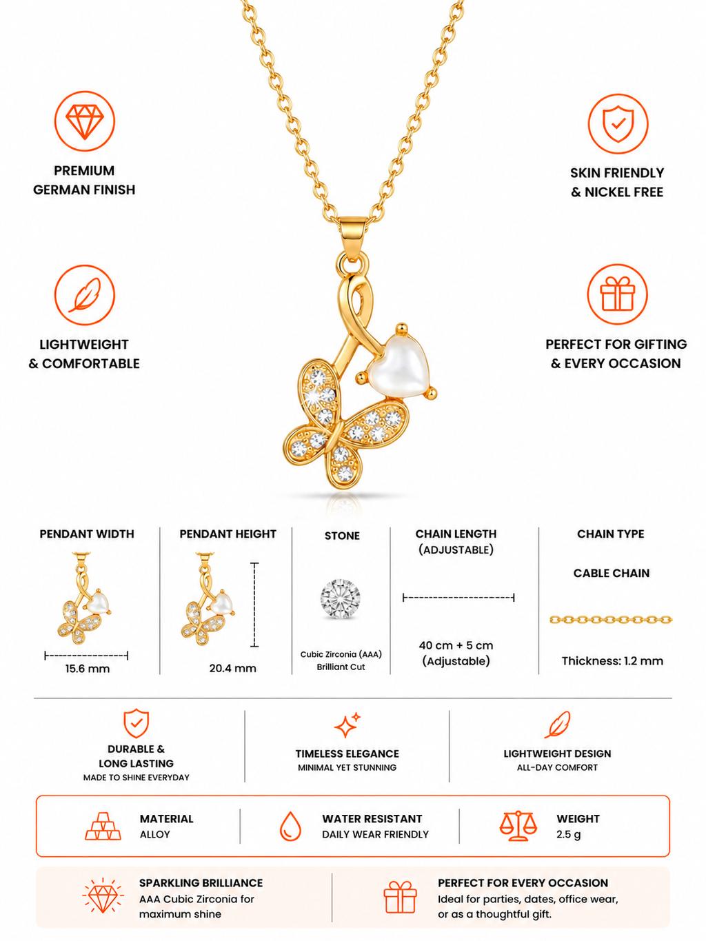 Damnstyle Anti-Tarnish Butterfly Pendant With Monalisa Stone