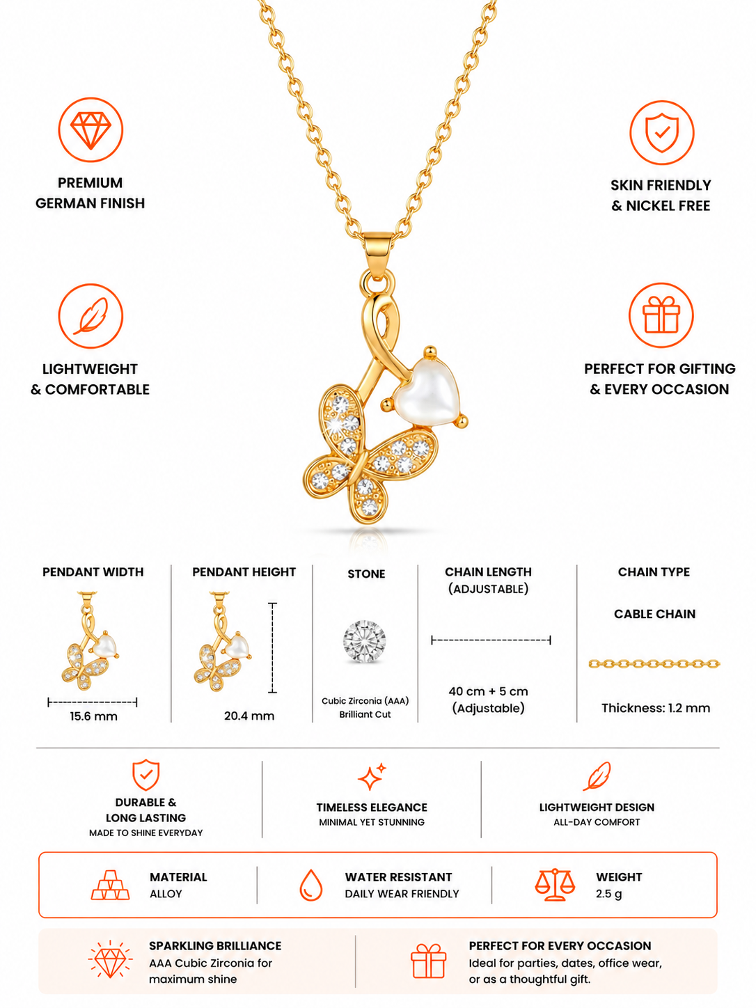 Damnstyle Anti-Tarnish Butterfly Pendant With Monalisa Stone