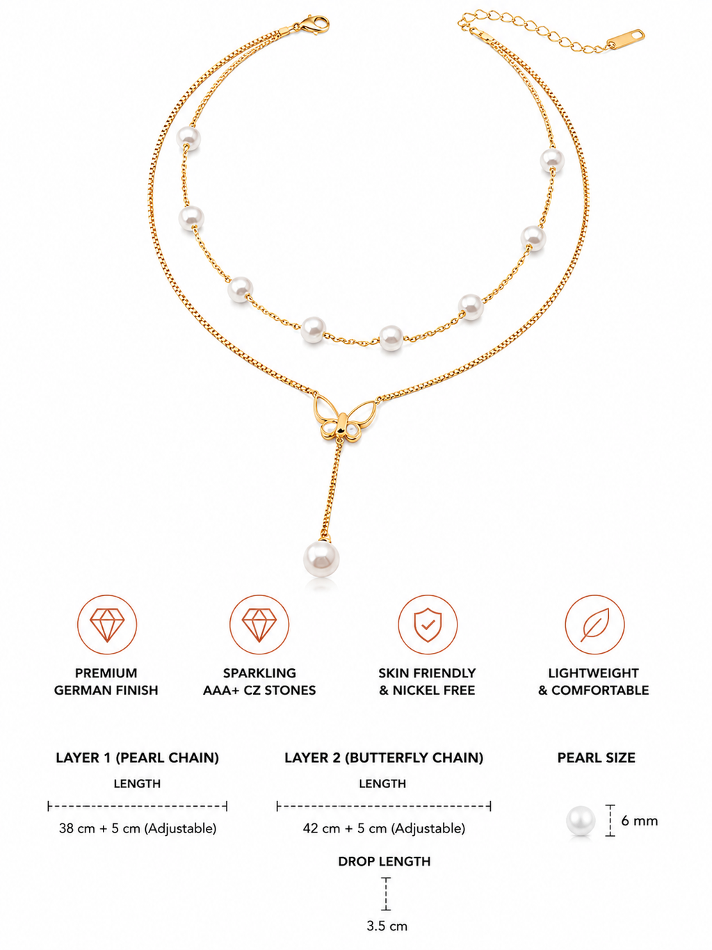 Damnstyle Gold-Plated Stainless Steel Pearl Studded Butterfly Pendant