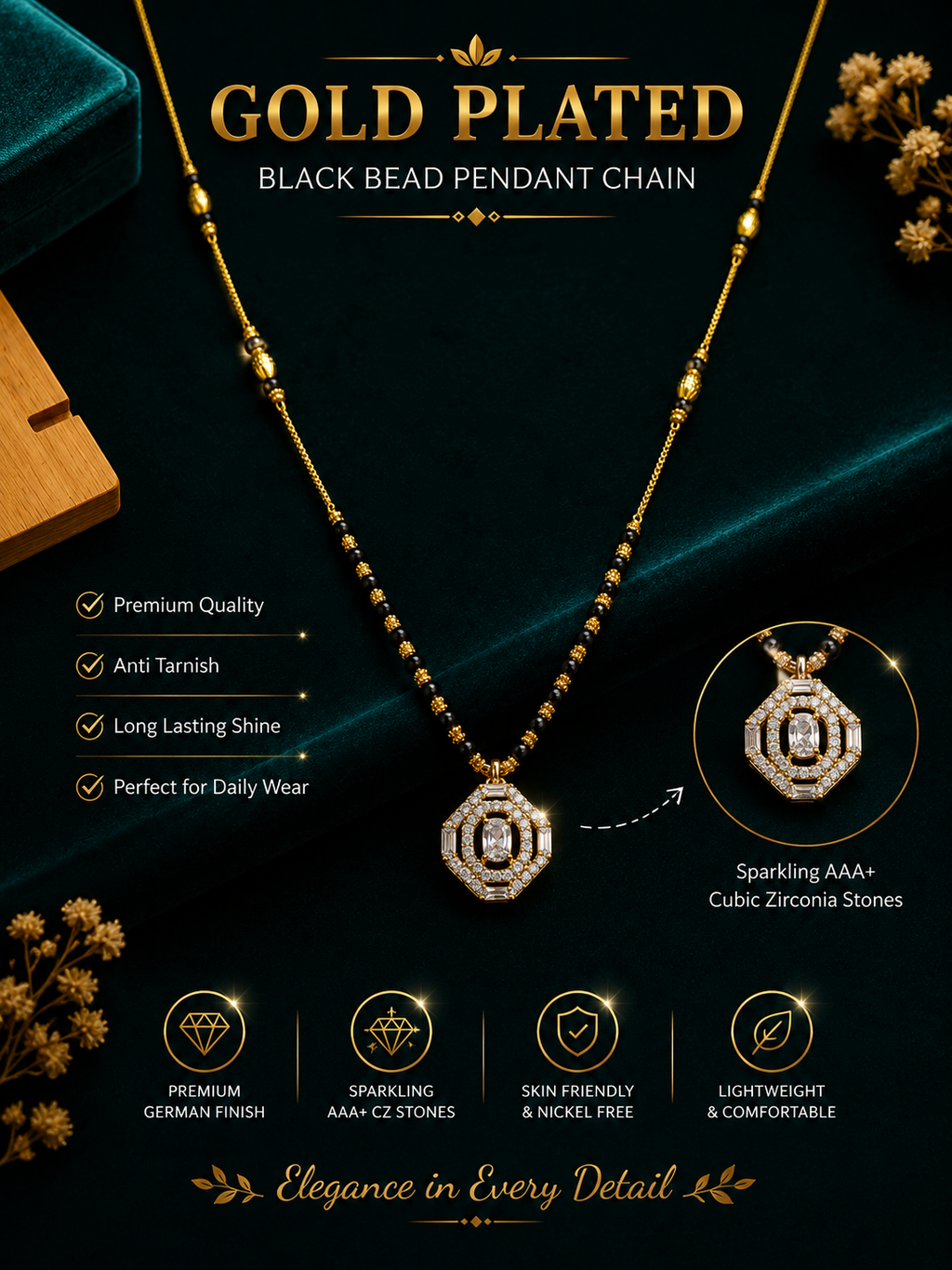Damnstyle Daily Wear Gold Plated Black Bead AD Mangalsutra