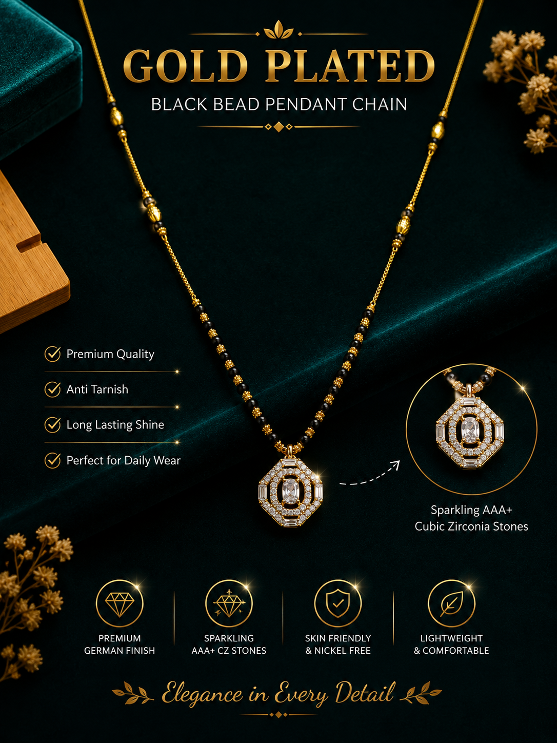 Damnstyle Daily Wear Gold Plated Black Bead AD Mangalsutra