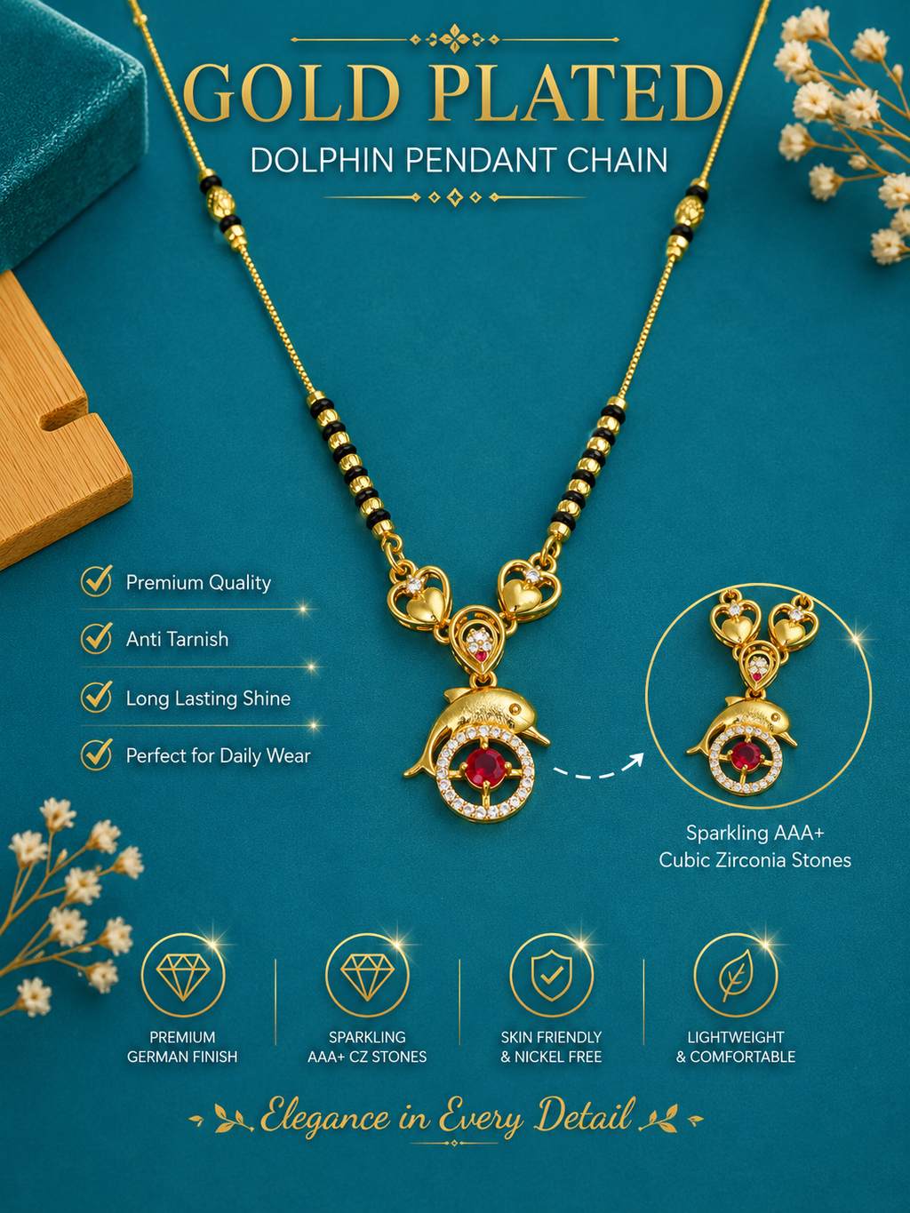 Damnstyle Gold Plated Heart Ruby Black Bead Mangalsutra for Women