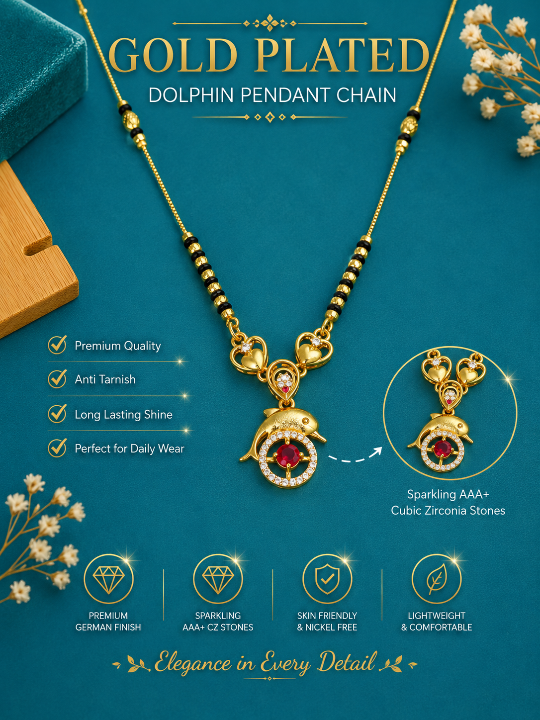 Damnstyle Gold Plated Heart Ruby Black Bead Mangalsutra for Women