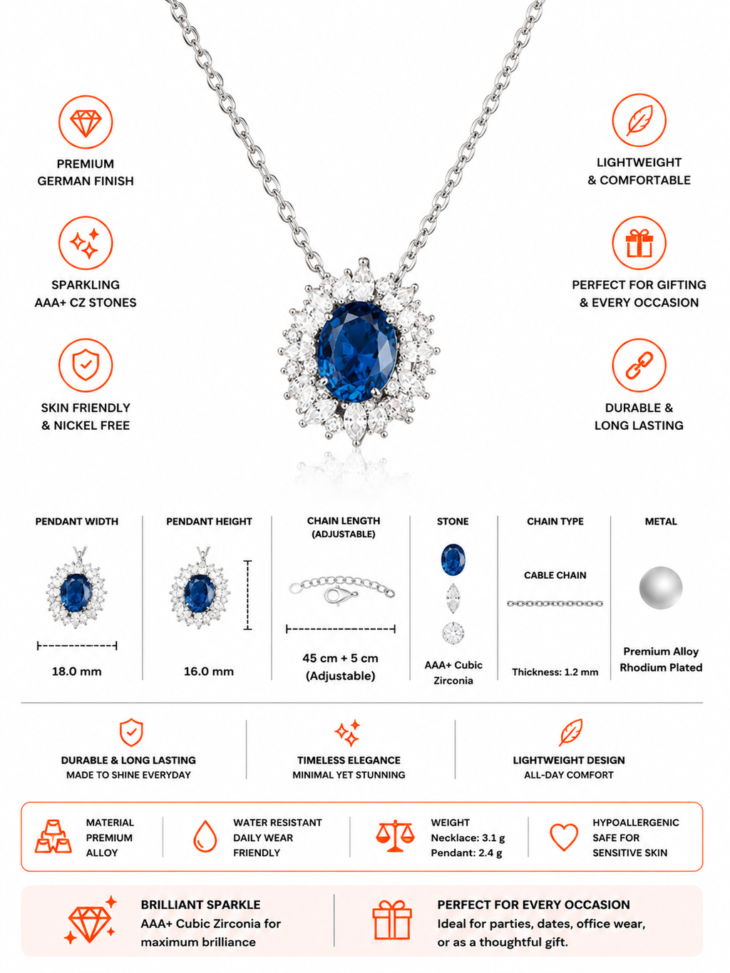 Damnstyle Silver-Plated Anti-Tarnish American Diamond Blue Oval Pendant