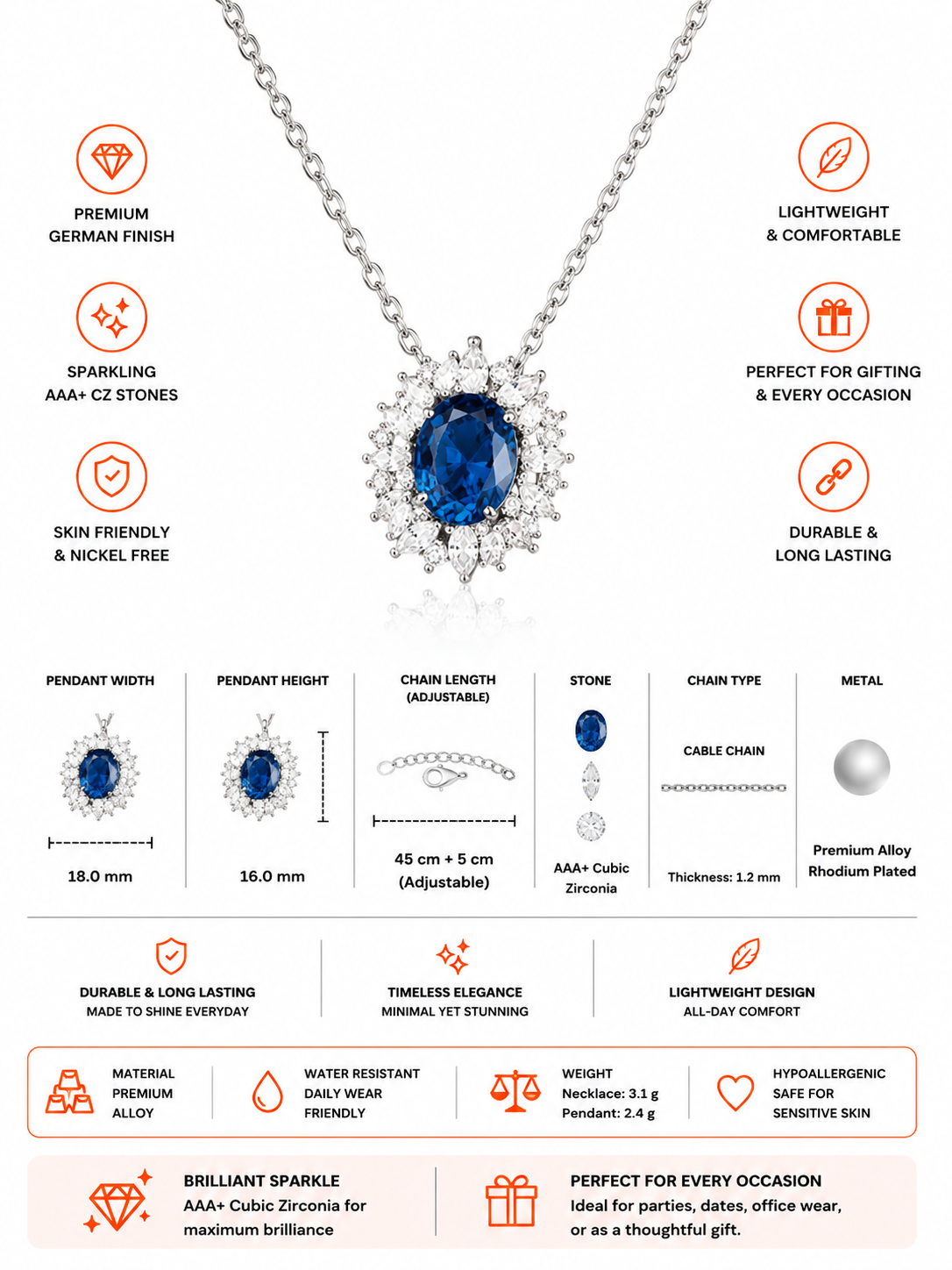 Damnstyle Silver-Plated Anti-Tarnish American Diamond Blue Oval Pendant